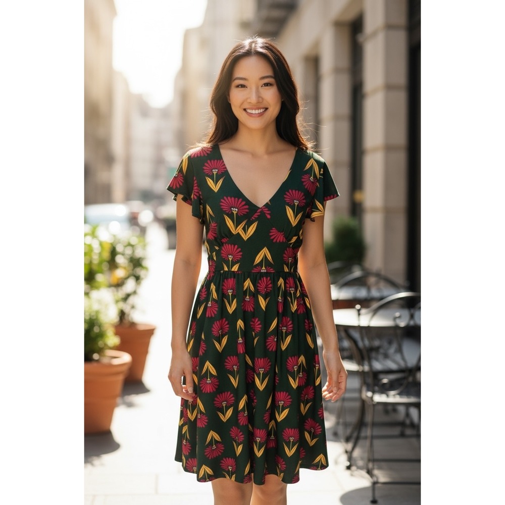 ModCloth XS‎ Green Floral Print V-Neck Fit & Flare Flutter Sleeve Dress